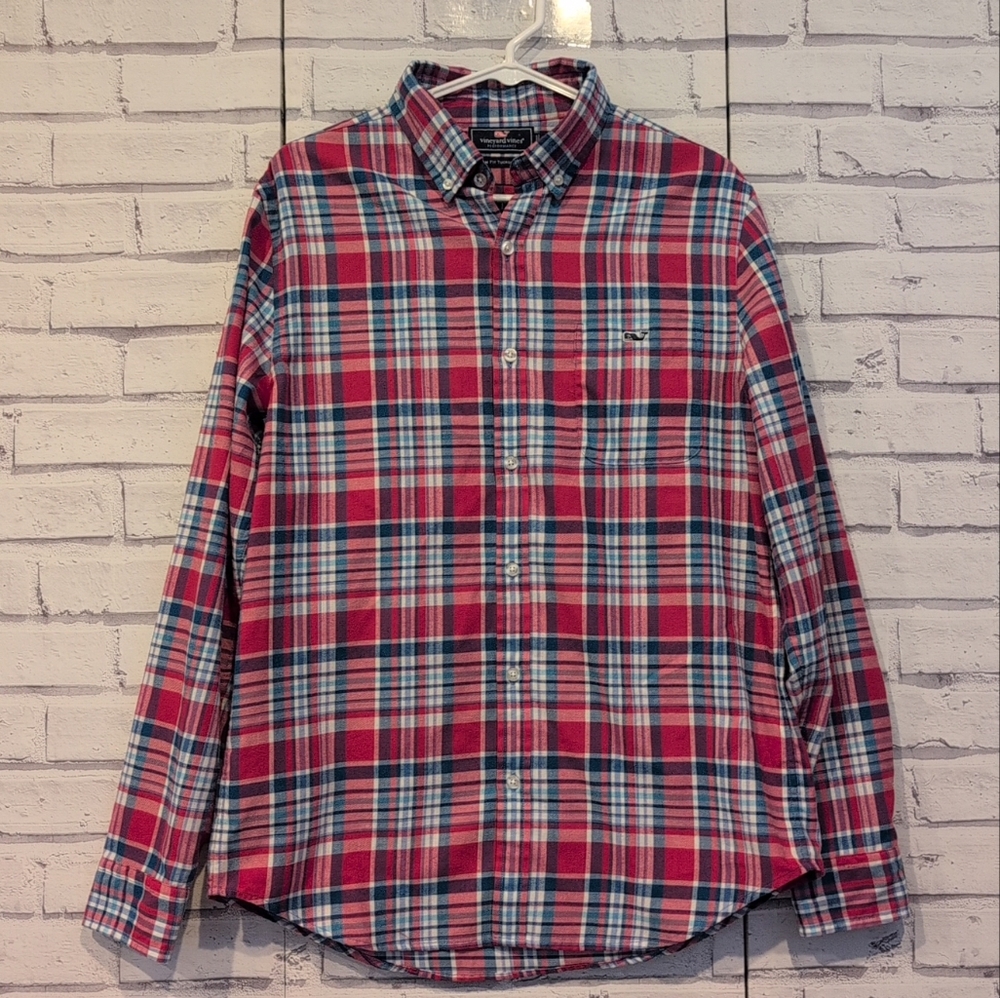 Vineyard Vines Men's Size M Slim Fit Tucker Shirt Pink Blue Plaid Pocket Logo